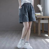 Shopmocho Retro Pocket Harlan Denim Lantern Pants Loose Nine Points Elastic Waist Loose Fit Women's High Waist Jeans Lantern Trousers
