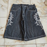 SHOPMOCHO Y2K Baggy Denim Jorts White Tribal Embroidery Wide Leg Jean Shorts Gothic Hip Hop Streetwear