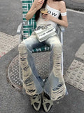 SHOPMOCHO Summer Women Goblin Core Abi Grunge Cyber Punk Flare Jean Y2k Japanese Harajuku Low Rise Ripped Denim Pants 2000s Bell-Bottom