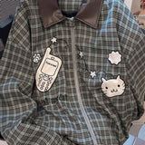 Shopmocho American Sweet Plaid Patchwork Jacket Women Long Sleeve Spring Fall Zip Loose Coat Harajuku Y2K Casual Lazy Kawaii Street Top