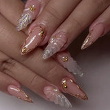 SHOPMOCHO 24pcs White Flower Fake Nail Tips Ins Yellow Pink Blush False Nails Wearable Full Cover European Almond Shaped Press on Nails