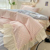 Shopmocho Korean Princess Style Bedding Set Soft Skin-friendly Lattice Lace Ruffles Quilt Cover Plaid Style Duvet Covers Set Pillowcases