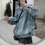 Shopmocho American Style Vintage Women's Denim Sweatshirt Jacket Loose Fit Hooded Pullover Sweatshirt Trendy Spring Autumn 2025 Arrival