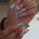 Shopmocho 24pcs Rhinestones Full Cover Nail Art Datachable Glitter French Press on Nails Tip Flower Long Square Fake Nail Pink False Nails