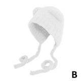 Shopmocho Winter Plush Beanies Cute Bear Ear Wool Hat Warm Lace-up Gorros Knitting Cap Women Bonnets Protection Bomber Korea Ear Knit X4L2