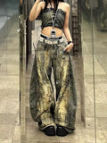 SHOPMOCHO American Retro Washed Denim Jeans washing old hand-painted graffiti printed jeans Fashion Loose Casual Wide Leg Jeans