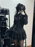 SHOPMOCHO Spring Vintage Gothic Style Lace Up Dress Women Design High Street Black Lolita Slim Dresses 2025 Y2k Lace Long Sleeve Clothing