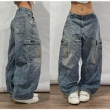 SHOPMOCHO American New Skull Embroidery Casual Baggy Jeans Women Y2K Street Harajuku Vintage Gothic High Waist Joker Wide Leg Pant Trouser
