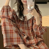 SHOPMOCHO Women's Sweet Print Pajamas Set Long Sleeve Top And Trousers 2 Piece Sleepwear Autumn Casual Loose Lace Loungewear