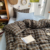 SHOPMOCHO Bedding Set Ins Ambiance Blue Coffee Grid Mixed With Washed Cotton Minimalist Four Piece Set Fitted Sheets Duvet Cover