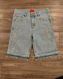 SHOPMOCHO Y2K Distressed Diamond Tassel Blue Short Jeans Ripped Loose Wide Leg Denim Shorts 2025 Korean Women Fashion Casual Shorts