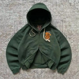SHOPMOCHO Y2k Men Women Casual Tiger Embroidery Hoodie Oversized Zip Up Sweatshirts Long Sleeve With Kangaroo Pocket Olive Green Clothes