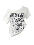 Shopmocho White 100% Cotton Y2k Vintage Oversize Off shoulder Short sleeve T shirt With Print Women Casual Summer Top Butterfly Tees