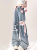 Shopmocho American Sweet Pantalones De Mujer Lace Patchwork Bandage High Waist Casual Loose Jeans Preppy Style All Match Women's Clothing