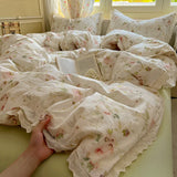 SHOPMOCHO Washed Cotton Duvet Cover Sets Single/Queen/king Flower Printed Bedding Set Princess Style e housse de couette 220x240 with Lace
