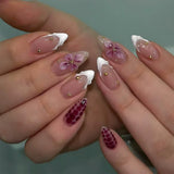 SHOPMOCHO 24PCS Simple Ins Dark Pink Blush 3D Flower Almond False Nails with Glue Leopard Print French Spice Girls Fake Nail Tips Press On