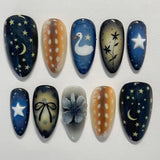 SHOPMOCHO 24pcs White Flower Fake Nail Tips Ins Yellow Pink Blush False Nails Wearable Full Cover European Almond Shaped Press on Nails