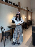 SHOPMOCHO American Street Plaid Patchwork Gray Jeans for Women 2026 Loose Straight Wide Leg Pants Y2k High Waist Women's Clothing