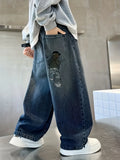 SHOPMOCHO Boy's loose-fit trendy rear pocket embroidered design denim straight-leg pants, comfortable stretch elastic waist.