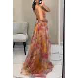 SHOPMOCHO Sexy Hollow Out Party Dress, Women Summer Loungewear Fashion Printing Maxi Dress, Sleeveless Lace-Up Ladies Dress Vestido