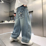 SHOPMOCHO Boys' Wide Leg Jeans Cartoon Embroidery Back Pocket Loose Fit Streetwear Casual Denim Pants Comfortable Fashion Ages 5-15 Years