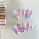SHOPMOCHO 10pcs pure handmade coffin shaped nail art, beautiful fake nails, playful pink white blue nail art, suitable for women to use