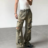 SHOPMOCHO Men's Jeans Washed Ripped Denim Pants Summer Straight Leg Distressed Hip Hop Streetwear Man Pants Vintage Baggy Retro
