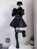 SHOPMOCHO Winter New Japanese Slim Bow Long Sleeve Coat Fashion Elegant Fur Collar Lace Overcoat Women Design Chic Sweet Woolen Cloth Coat