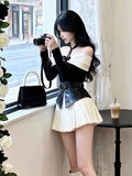 SHOPMOCHO Autumn Winter French Style One-Shoulder Butterfly Knot Waist Seal Splice Slit Slimming Half Skirt Set Sweet Lolita Top Bottom En