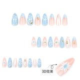 Shopmocho 24pcs Light Blue False Nails Summer Beach Style Seashell Starfish Flower Pattern Press On Nails Smudging French Almond Fake Nail