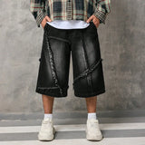 SHOPMOCHO Men's Vintage Distressed Denim Three-Quarter Capri Shorts Baggy Fit Frayed Edge Patchwork High Street Summer Streetwear