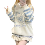 Shopmocho Striped Zipper Y2k Subcultural Women's Long Sleeve Sweater Round Neck Autumn Winter Preppy Style Sweet Loose Kawaii Knitted Top