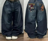 SHOPMOCHO Street Fashion Trend Skull Embroidered Jeans Women Harajuku Y2K New Hip Hop Joker Straight Wide-leg Pants Couple Casual Jeans