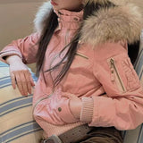 SHOPMOCHO Women American Retro Fur Collar Hooded Thick Padded Jacket 2026 New Slim Fit Short Coat Autumn Winter Cotton‑Padded