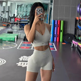 Shopmocho 2 Pcs Yoga Sets Women High Waist Workout Outfits Gym Wear Gym Clothing Sports Suits Fitness Tracksuit Sportswear Shorts Suit