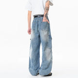 SHOPMOCHO Men's Loose Straight Leg Jeans Multi-Pocket Dark Wash American INS High Street Style Workwear Denim Two Colors Available