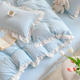 Shopmocho Korean Princess Style Duvet Cover Set No Filling Pink Blue Soft Washed Cotton Girls Favorite Ruffles Bed Linen Pillowcases