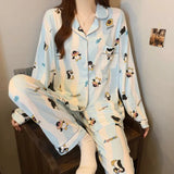 SHOPMOCHO Cartoon Cute Penguins Print Women's Pajamas Fashion Blue White Striped Milk Silk Homewear 2025 Spring Fall New Casual Sleepwear