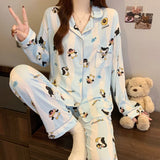 SHOPMOCHO Cartoon Cute Penguins Print Women's Pajamas Fashion Blue White Striped Milk Silk Homewear 2025 Spring Fall New Casual Sleepwear