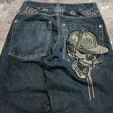 SHOPMOCHO American New Skull Embroidery Casual Baggy Jeans Women Y2K Street Harajuku Vintage Gothic High Waist Joker Wide Leg Pant Trouser