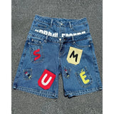 SHOPMOCHO American style hip-hop letter splicing denim shorts millennium retro personality fashion fake two-piece gothic rock