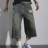 SHOPMOCHO Men's Loose Ripped Denim Jeans 7 Point Calf Length Wide Leg Trousers Distressed Holes Frayed Hem Streetwear Casual Pants