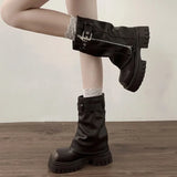 Shopmocho Winter Women Biker Boots Fashion Belt Buckle Ladies Elegant Platform Flats Short Booties Casual Women's Knight Booties