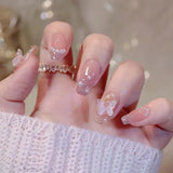 SHOPMOCHO 24Pcs Cat’s Eye Leopard Print Press on Fake Nails Mid-length Ballet False Nails with Rhinestone Detachable Full Cover Nail Tip