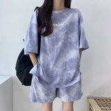 Shopmocho Women T-Shirt Shorts Suit Set Casual Tie Dye Loose tshirt and wide leg middle shorts with pockets female Soft Summer Shorts Sets