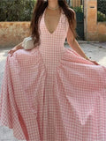 Shopmocho Elegant V-Neck Pleated Long Dresses Women High Waist Summer 2025 French Style Fashion V-neck Backless Lace-up Vacation Vestidos