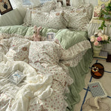 SHOPMOCHO 3/4Pcs Korean Princess Style Floral Ruffles Bedding Set Skin-friendly Soft Duvet Cover Set Bed Sheet Or Bed Skirt Pillowcases