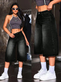 SHOPMOCHO American Retro Hot Girl Style Distressed Fleece Hem Jeans Mid-Thigh Pants, Must-Have Streetwear, High Waist Loose-Fitting Casual