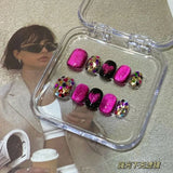 SHOPMOCHO 10pcs Handmade press on Nails Dragon Fruit Crystal Cat's Eye Glittering Heart Fake Nail for Women&Girl Removable wearable Nail