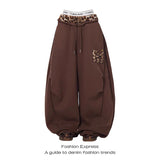 SHOPMOCHOZHIZOU Women Brown Sweatpants Baggy Leopard Patchwork Pants Harajuku Aesthetic 2000s Style Y2k Vintage Oversize Trousers Autumn